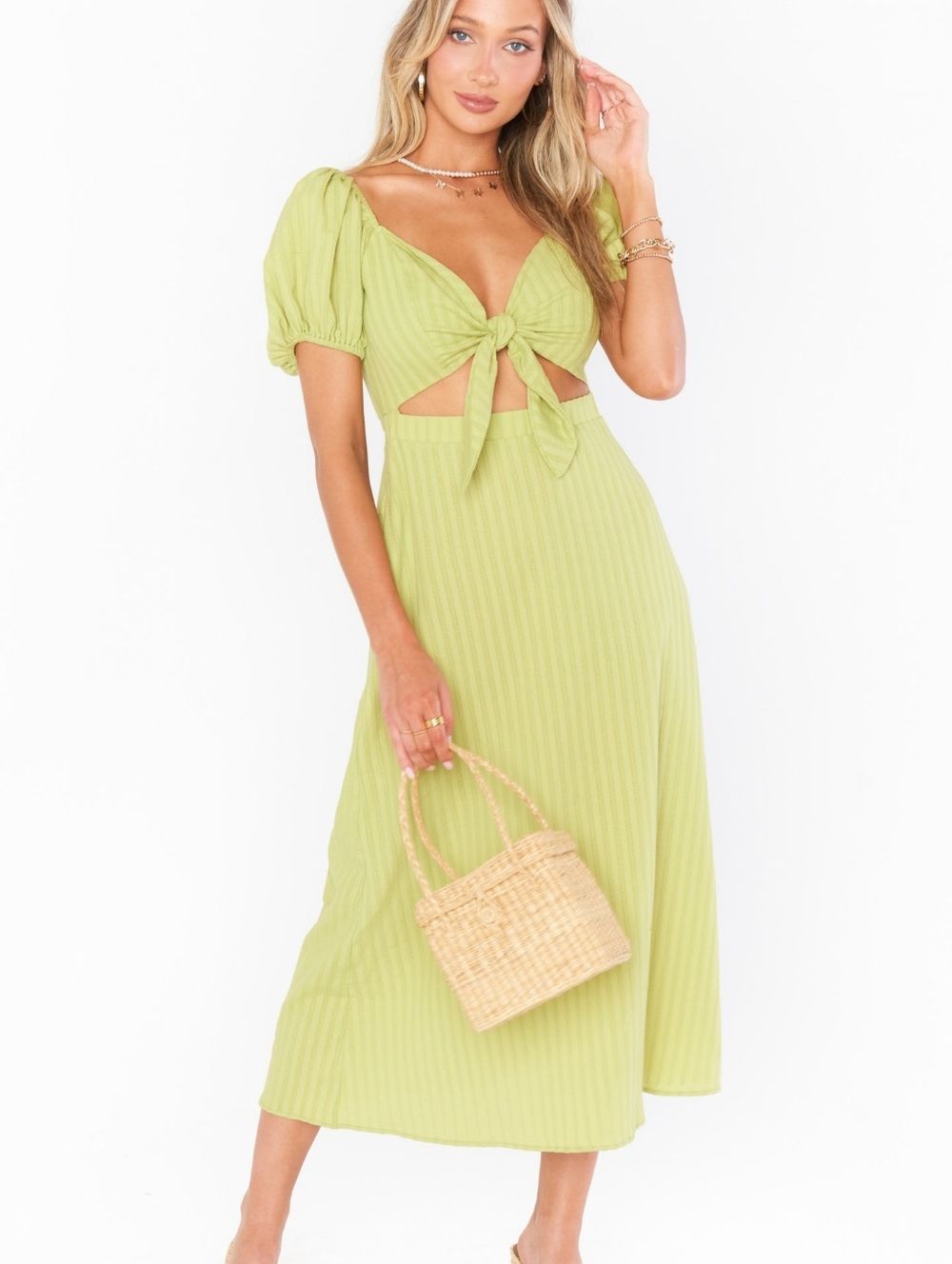 Show Me Your Mumu Size Small Green Tie Front Midi Dress 100% Cotton